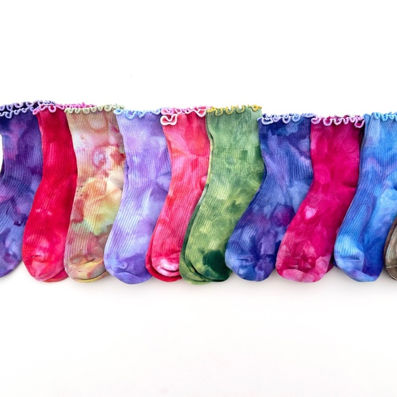 Coral Pink Tie Dye Ruffle Socks Strawberry Pink Mid Crew Ice Dye Hand Dyed Socks - Picture 2 of 3